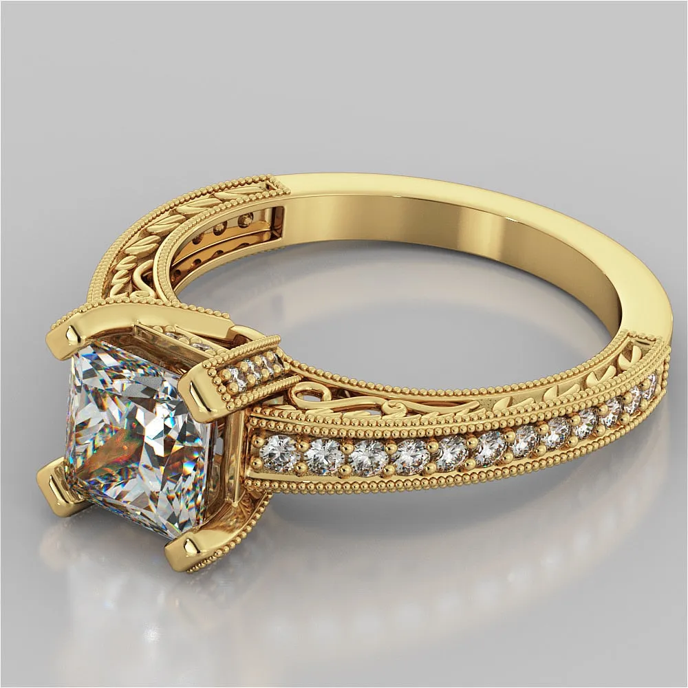 Antique Style Princess Cut Filigree Wedding Set with Accents