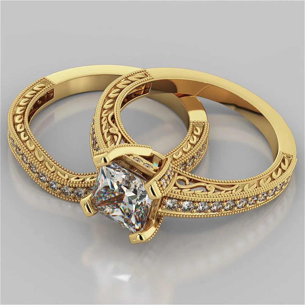 Antique Style Princess Cut Filigree Wedding Set with Accents