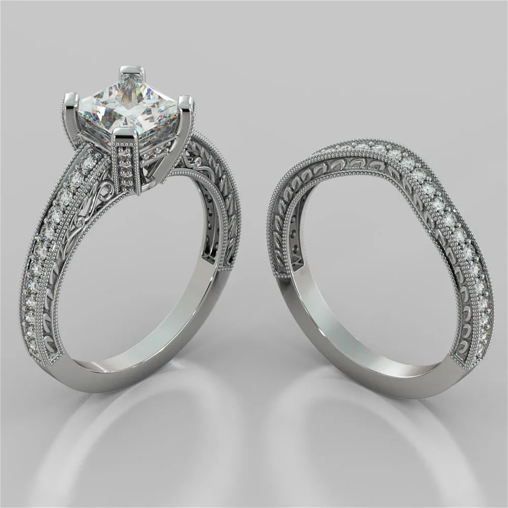 Antique Style Princess Cut Filigree Wedding Set with Accents