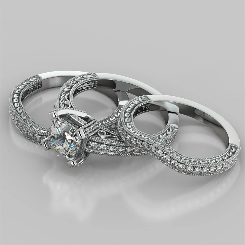 Antique Style Princess Cut Filigree Wedding Set with Accents