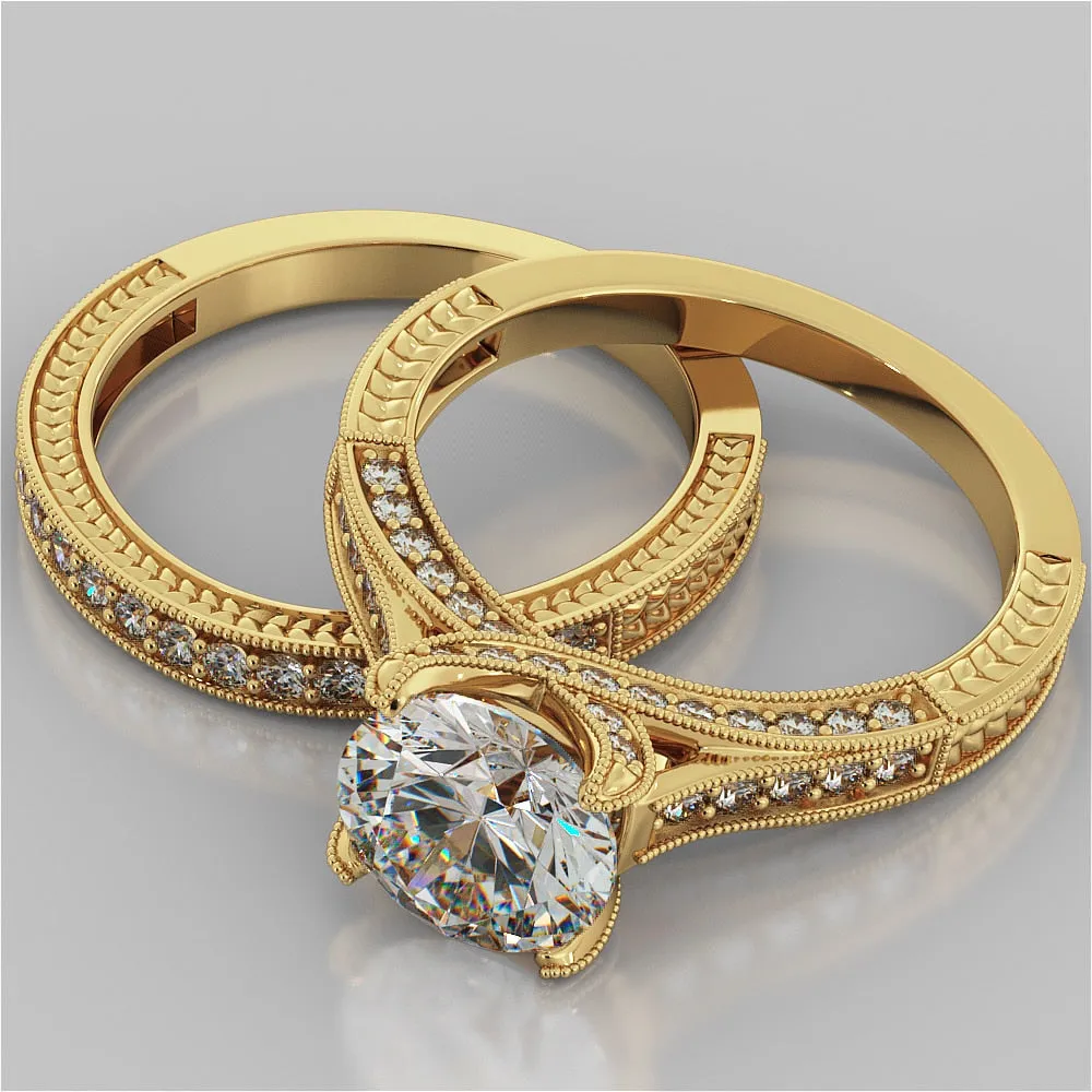 Antique Style Round Cut Wedding Set