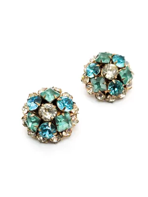 Aqua blue and clear princess cut set of vintage rhinestone brooch pins duet
