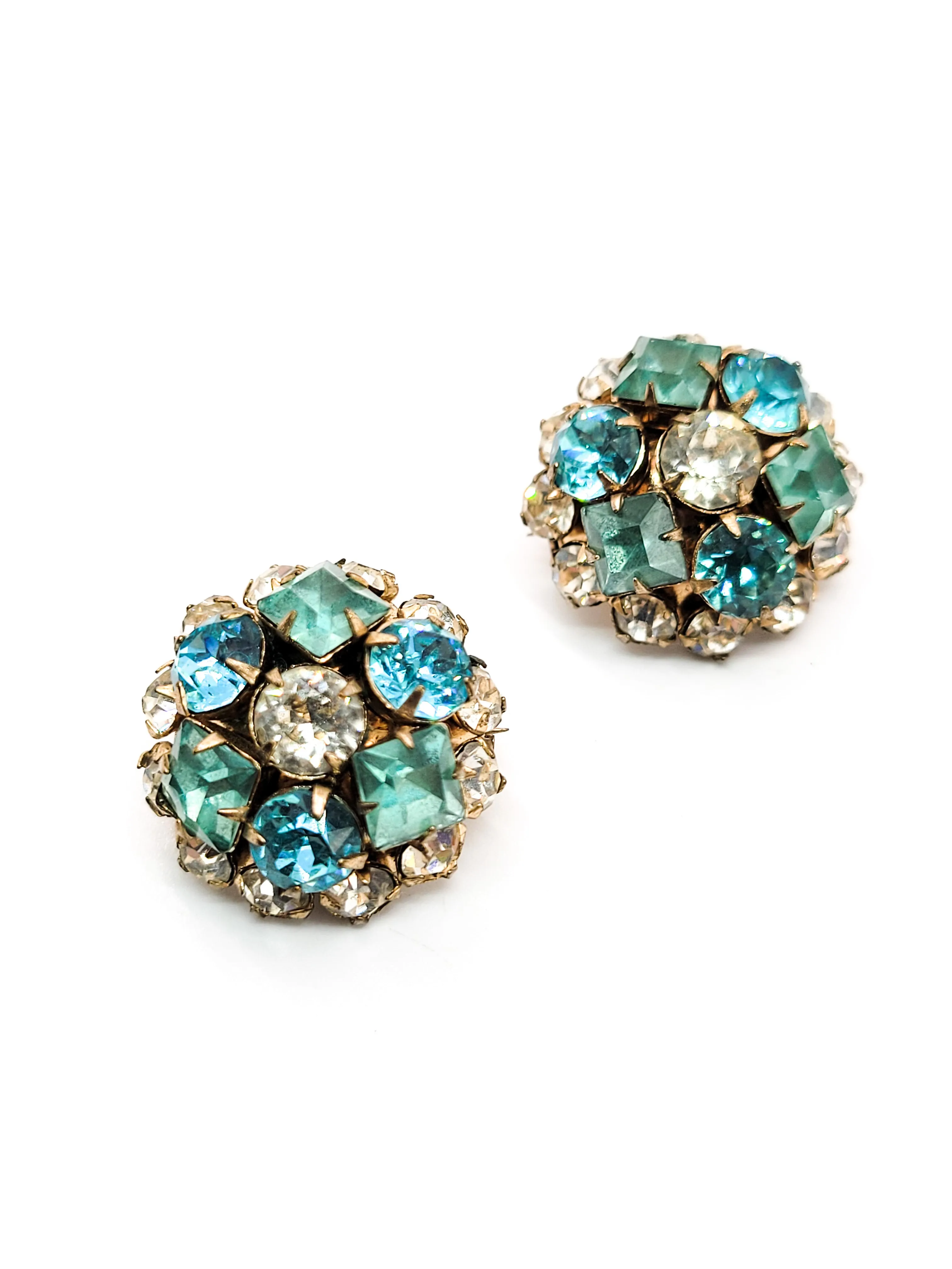 Aqua blue and clear princess cut set of vintage rhinestone brooch pins duet