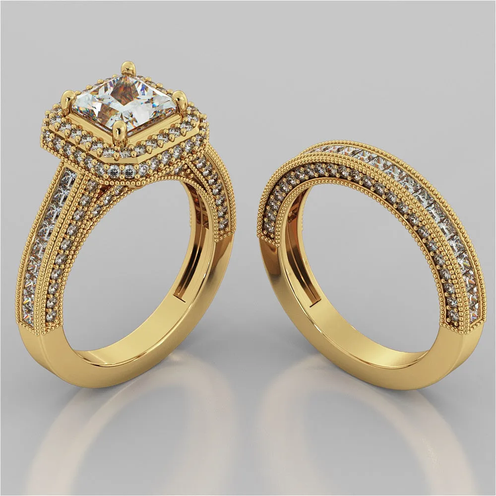 Asscher Cut Cathedral Style Two-Tier Pavé Halo Wedding Set