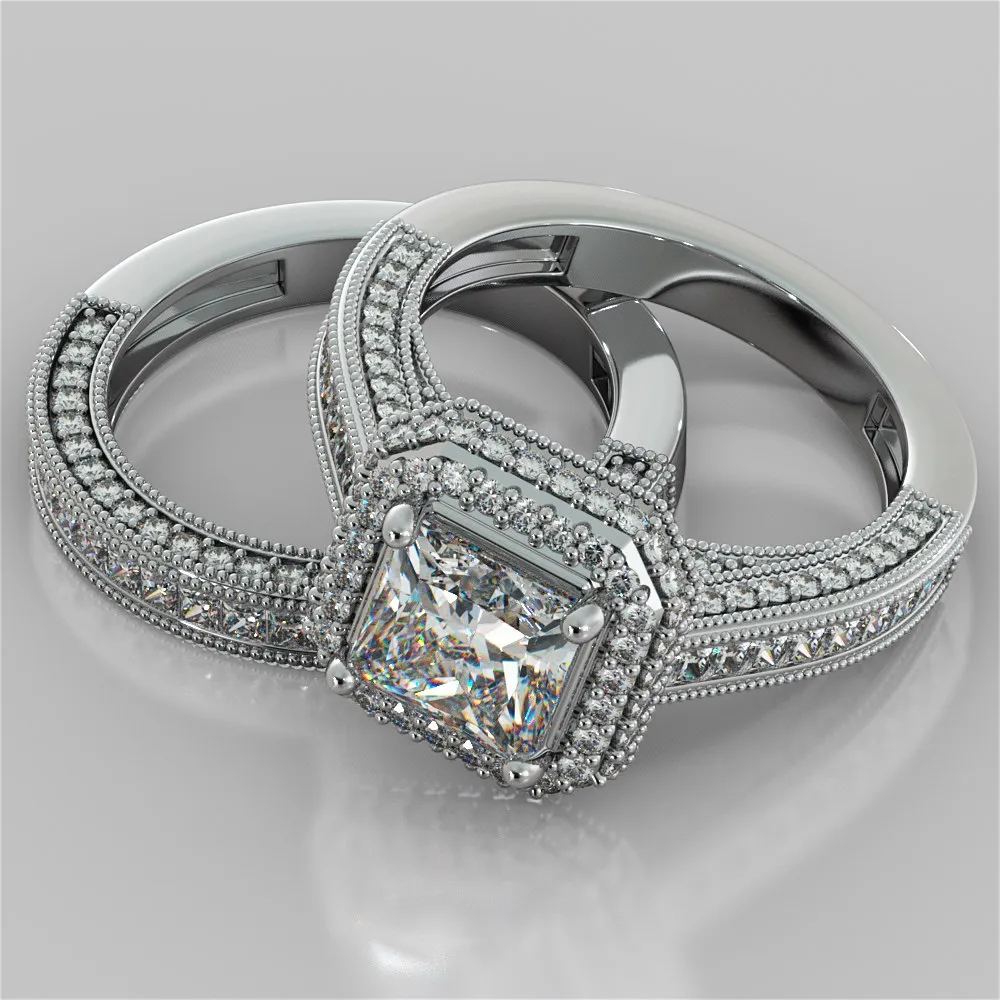 Asscher Cut Cathedral Style Two-Tier Pavé Halo Wedding Set