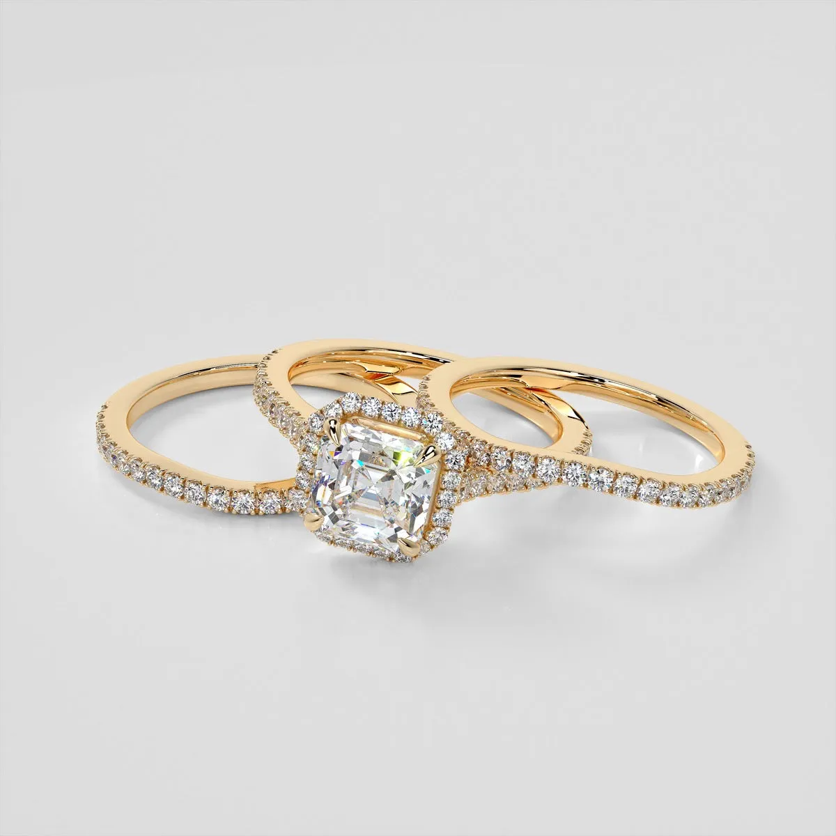 Asscher Cut Halo Wedding Set With Accents