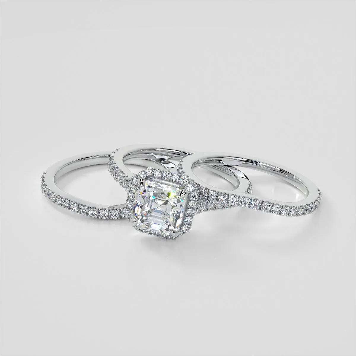 Asscher Cut Halo Wedding Set With Accents