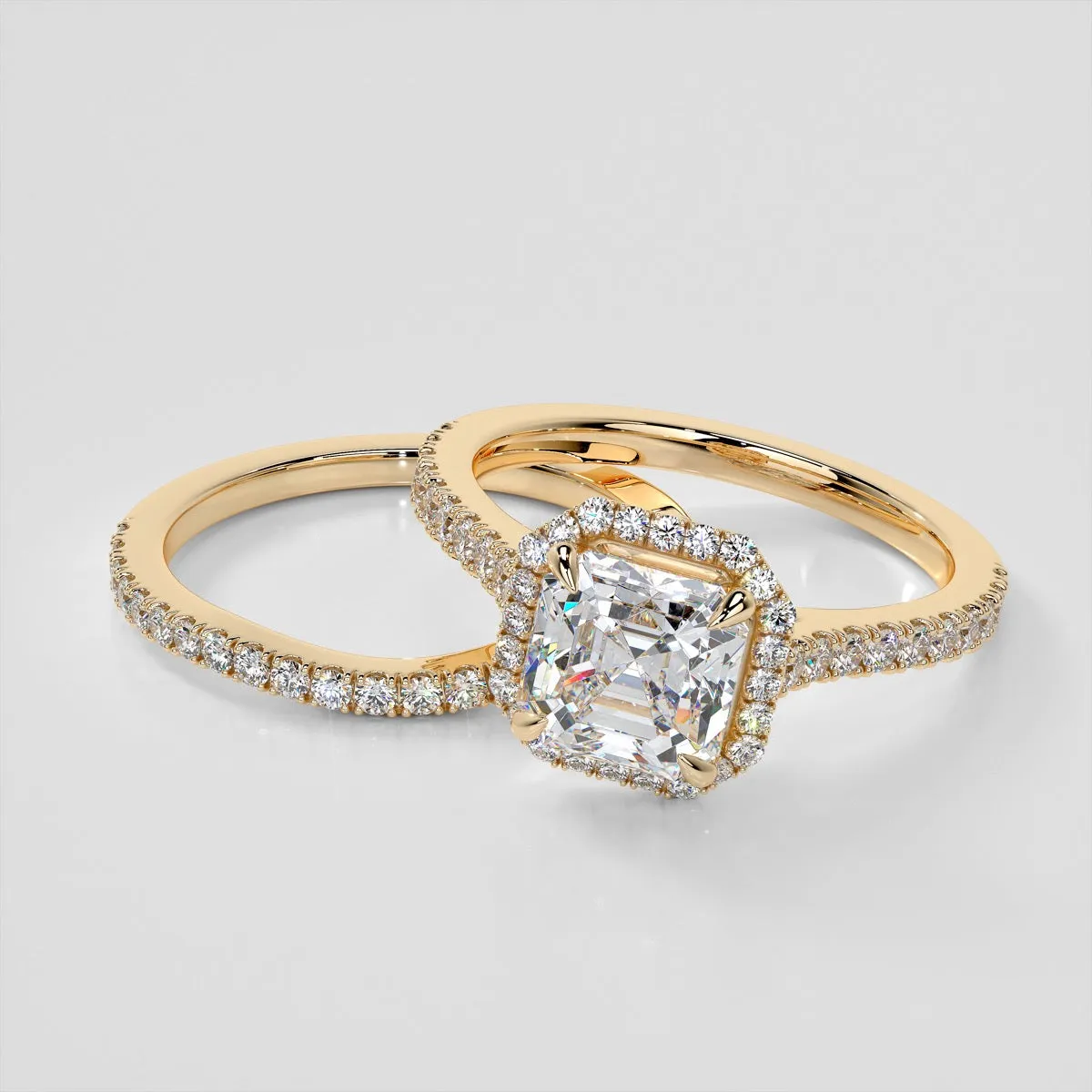 Asscher Cut Halo Wedding Set With Accents