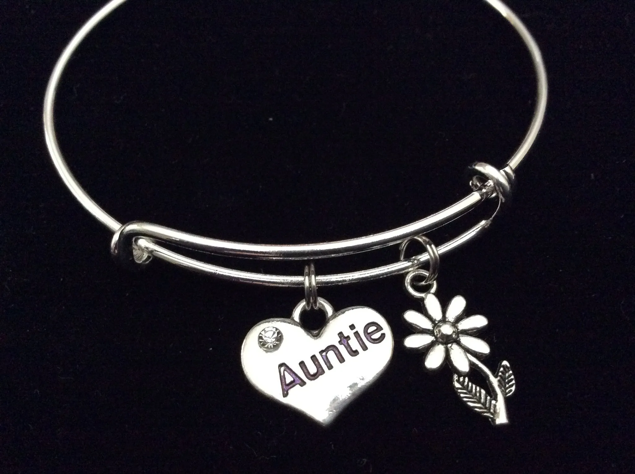Auntie Heart Silver Expandable Charm Bracelet Adjustable Aunt Bangle Trendy Handmade