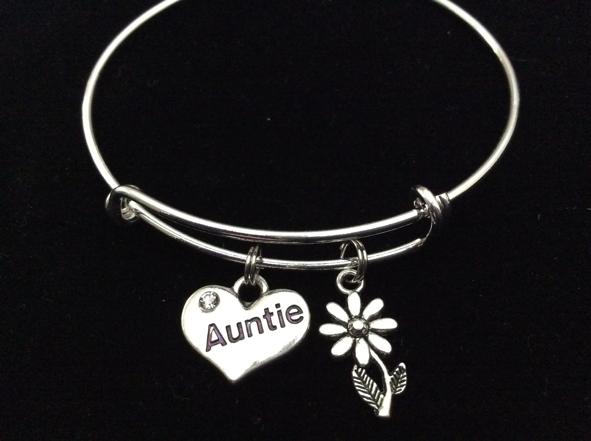 Auntie Heart Silver Expandable Charm Bracelet Adjustable Aunt Bangle Trendy Handmade