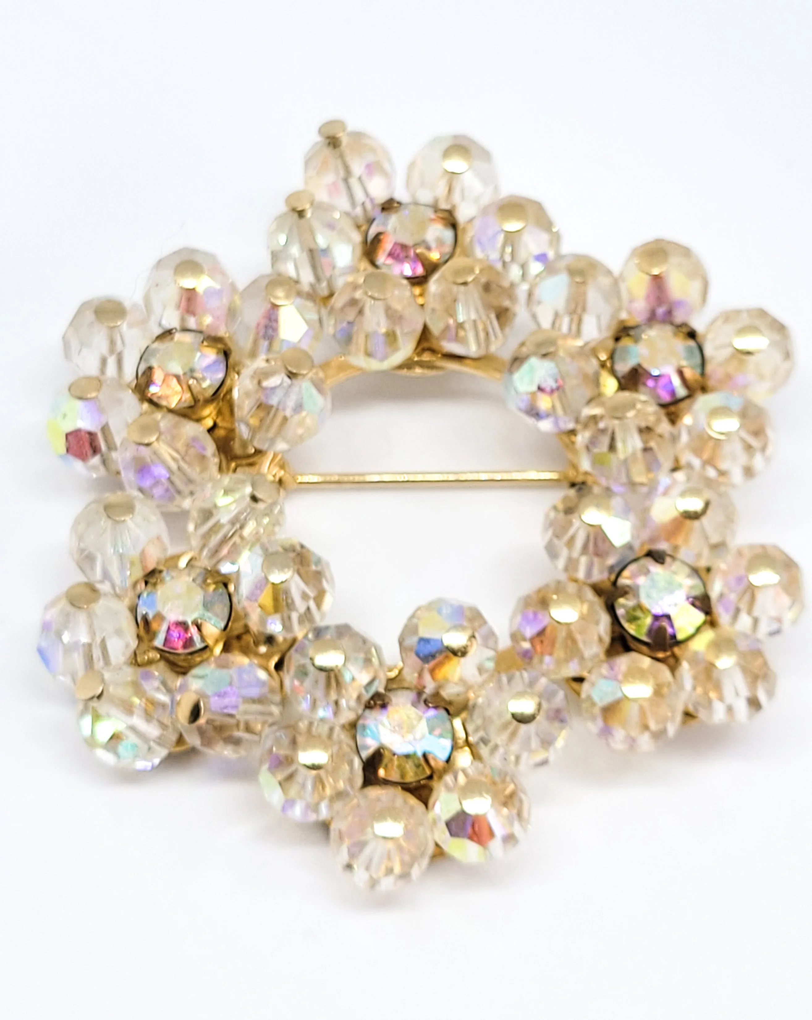 Austrian crystal flower Aurora borealis rhinestone vintage circle brooch Estate
