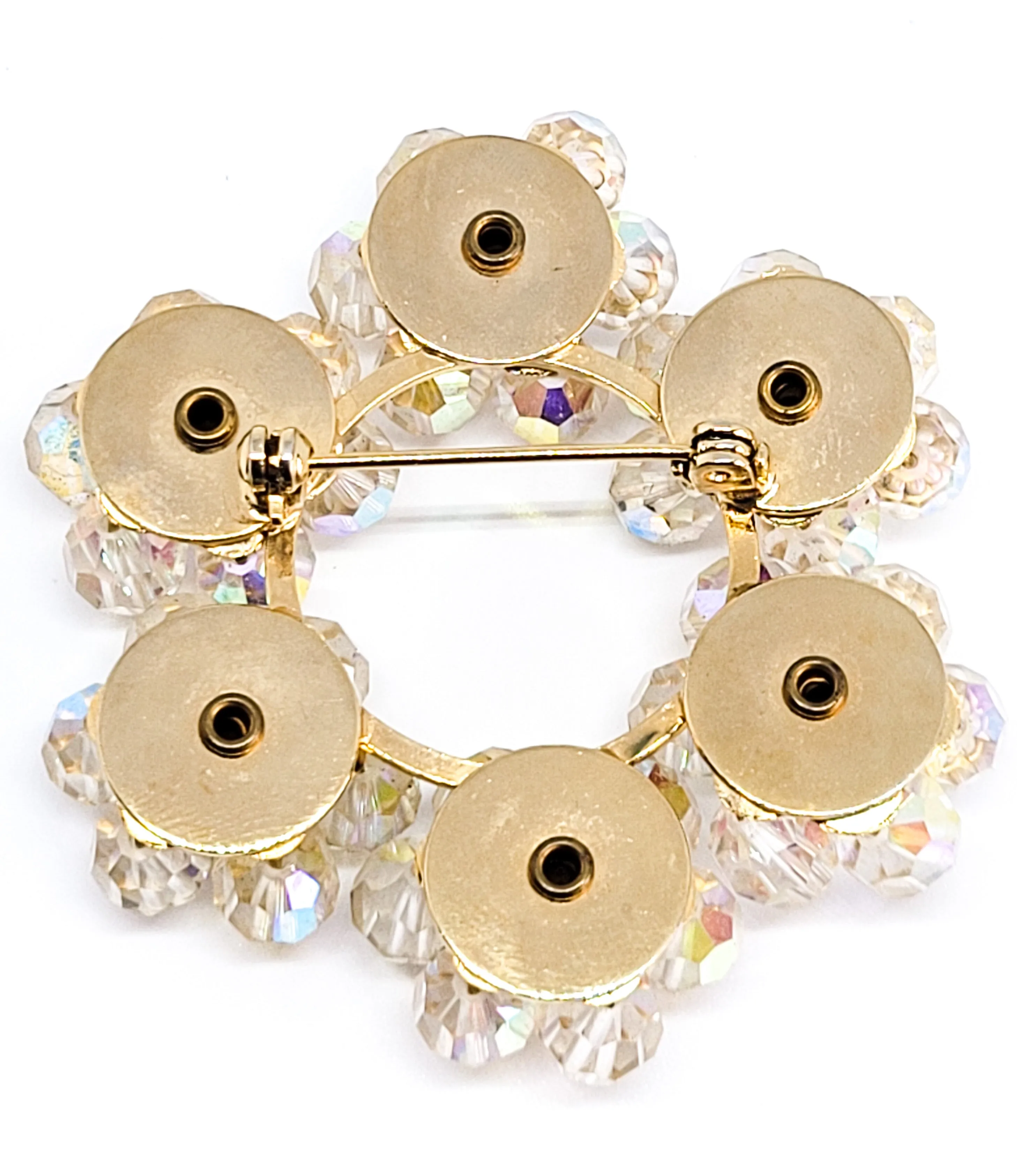 Austrian crystal flower Aurora borealis rhinestone vintage circle brooch Estate