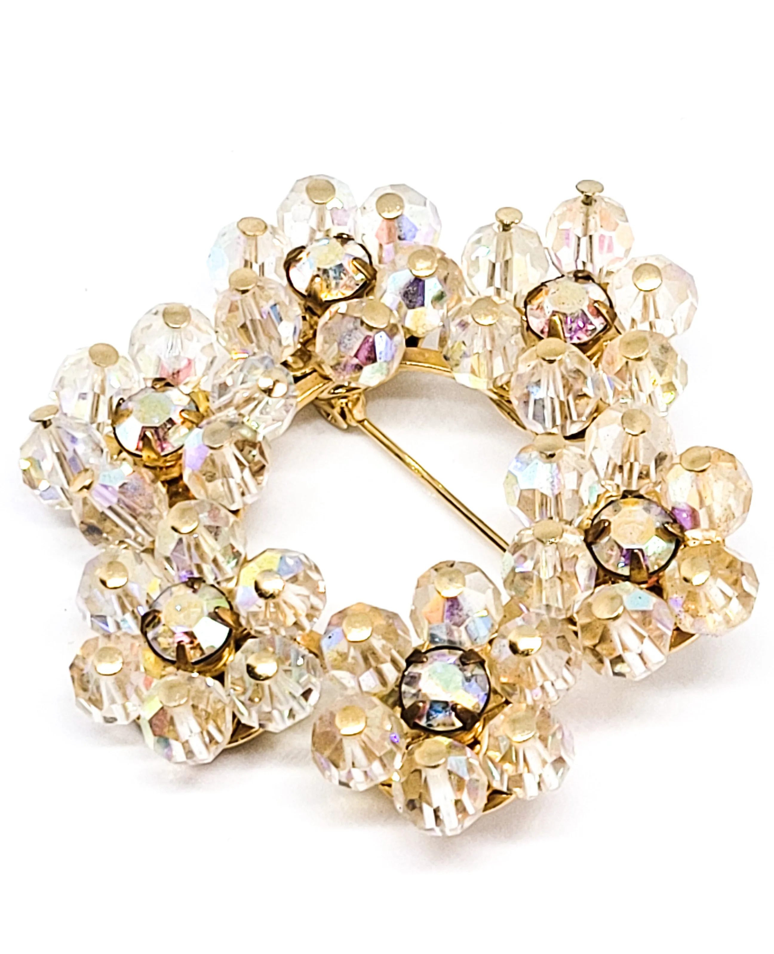 Austrian crystal flower Aurora borealis rhinestone vintage circle brooch Estate