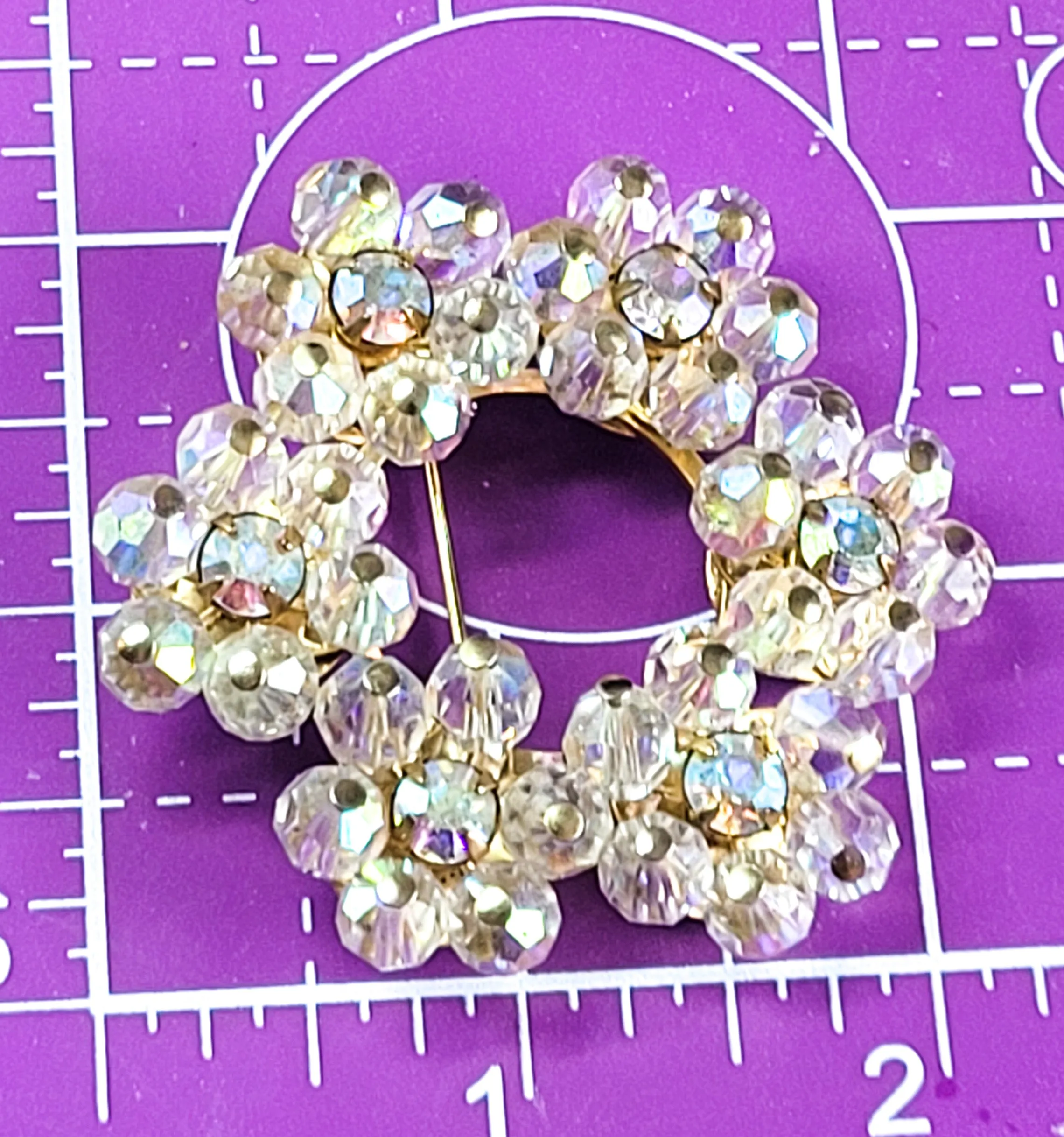 Austrian crystal flower Aurora borealis rhinestone vintage circle brooch Estate