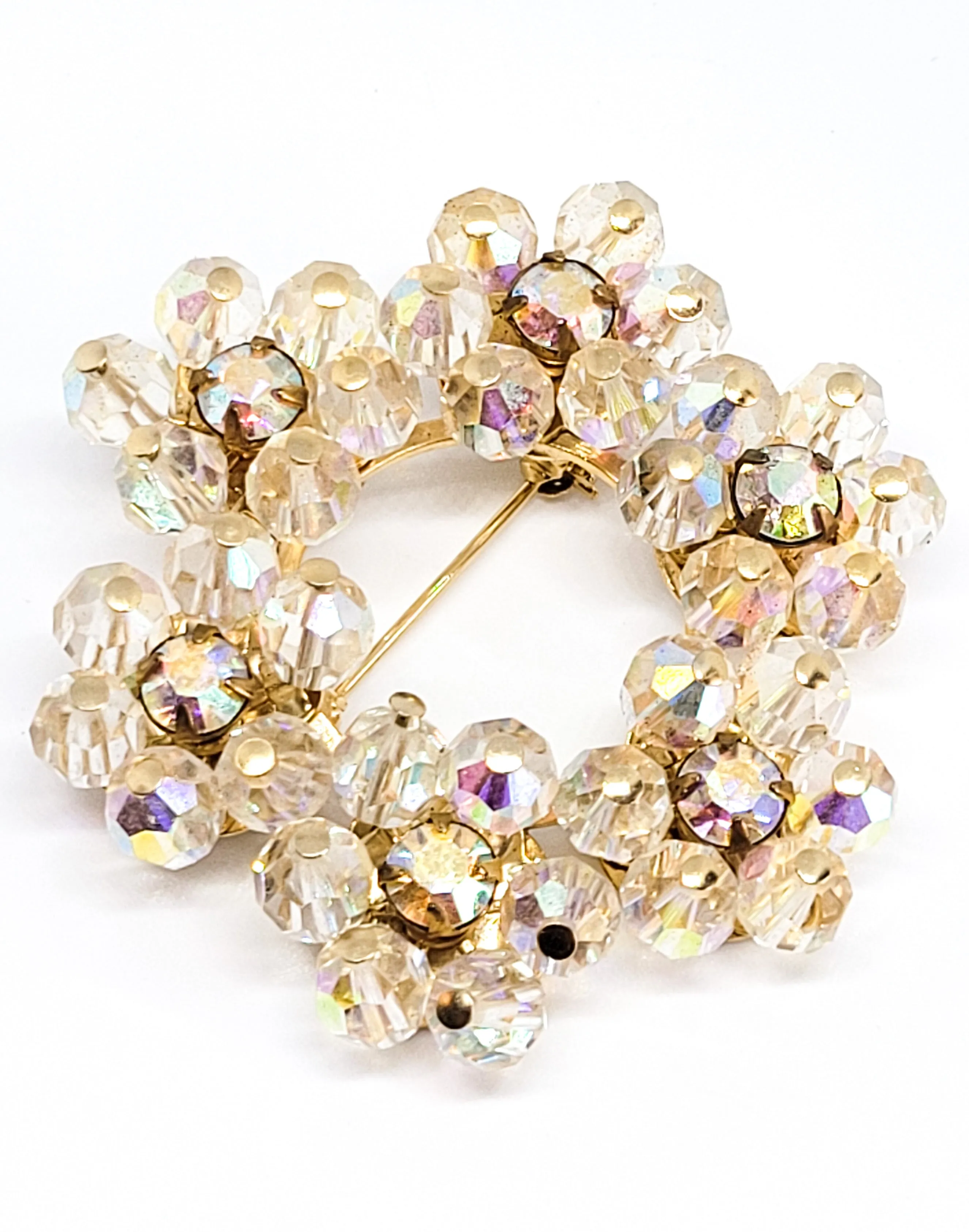 Austrian crystal flower Aurora borealis rhinestone vintage circle brooch Estate