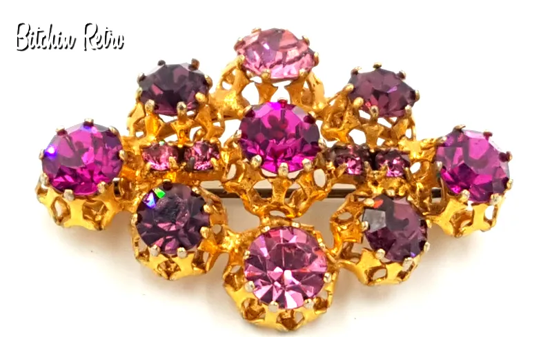 Austrian Crystal Vintage Brooch with Amazing Pink and Purple Crystals