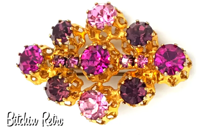 Austrian Crystal Vintage Brooch with Amazing Pink and Purple Crystals