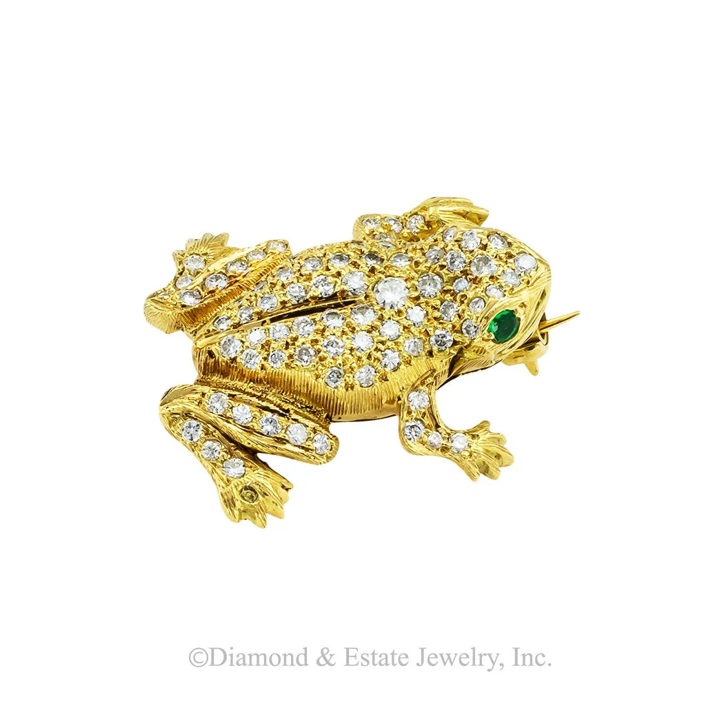 Austrian Diamond Emerald Gold Frog Brooch