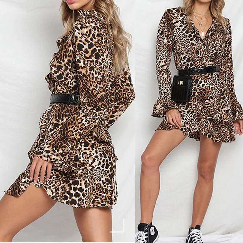 Autumn and Winter New Sexy Women's Long-sleeved Printed Leopard Dress with Belt