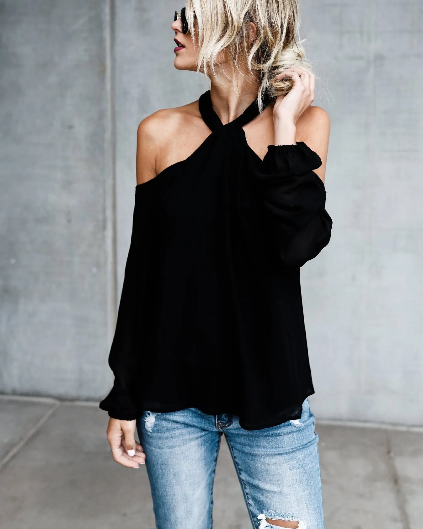 Autumn Long-sleeved Shirt Hanging Neck Sexy Chiffon Shirt Off-shoulder T-shirt