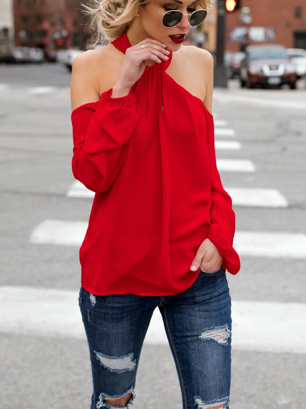 Autumn Long-sleeved Shirt Hanging Neck Sexy Chiffon Shirt Off-shoulder T-shirt