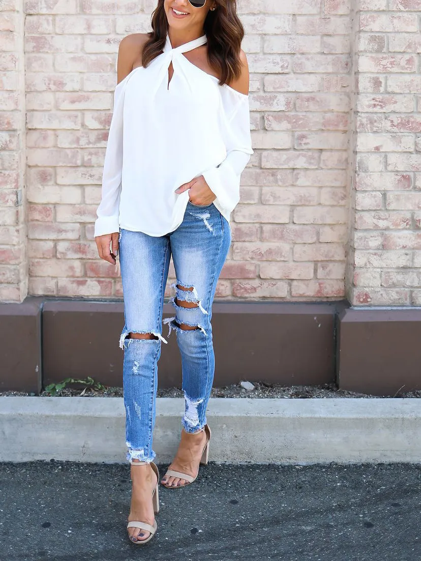 Autumn Long-sleeved Shirt Hanging Neck Sexy Chiffon Shirt Off-shoulder T-shirt