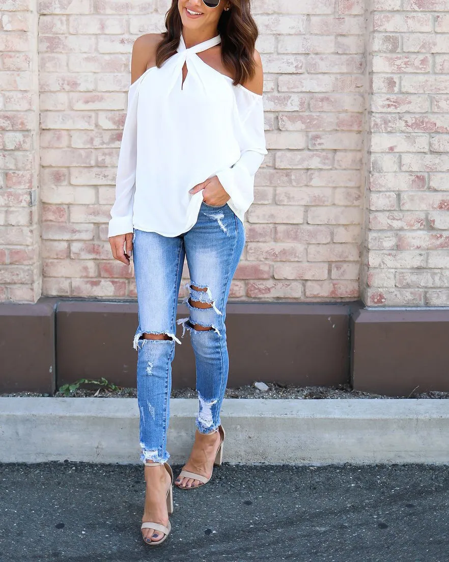 Autumn Long-sleeved Shirt Hanging Neck Sexy Chiffon Shirt Off-shoulder T-shirt