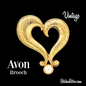 Avon Vintage Stylized Heart Brooch With Faux Pearl