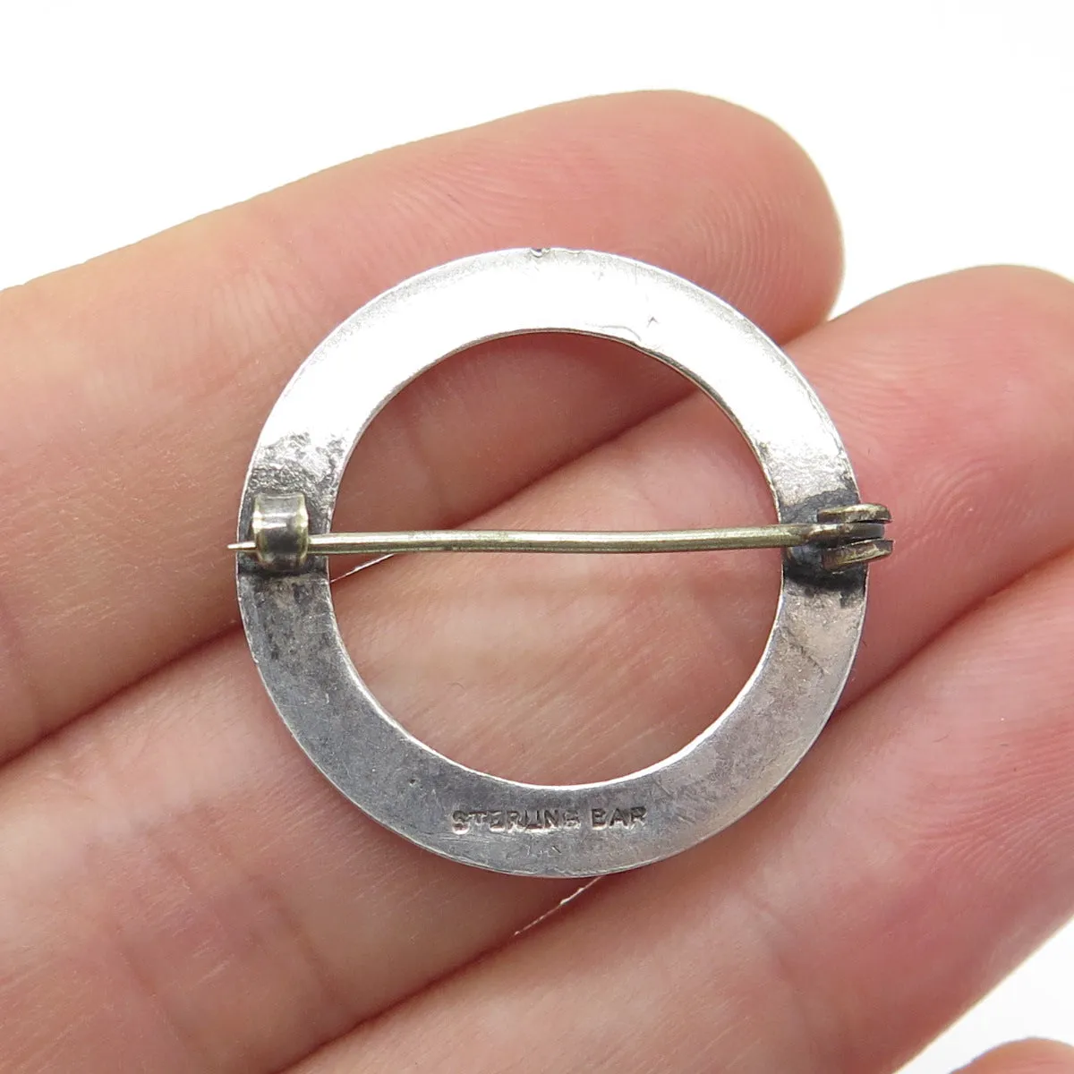 BAR 925 Sterling Silver Antique Art Deco Engraved Flower Circle Pin Brooch