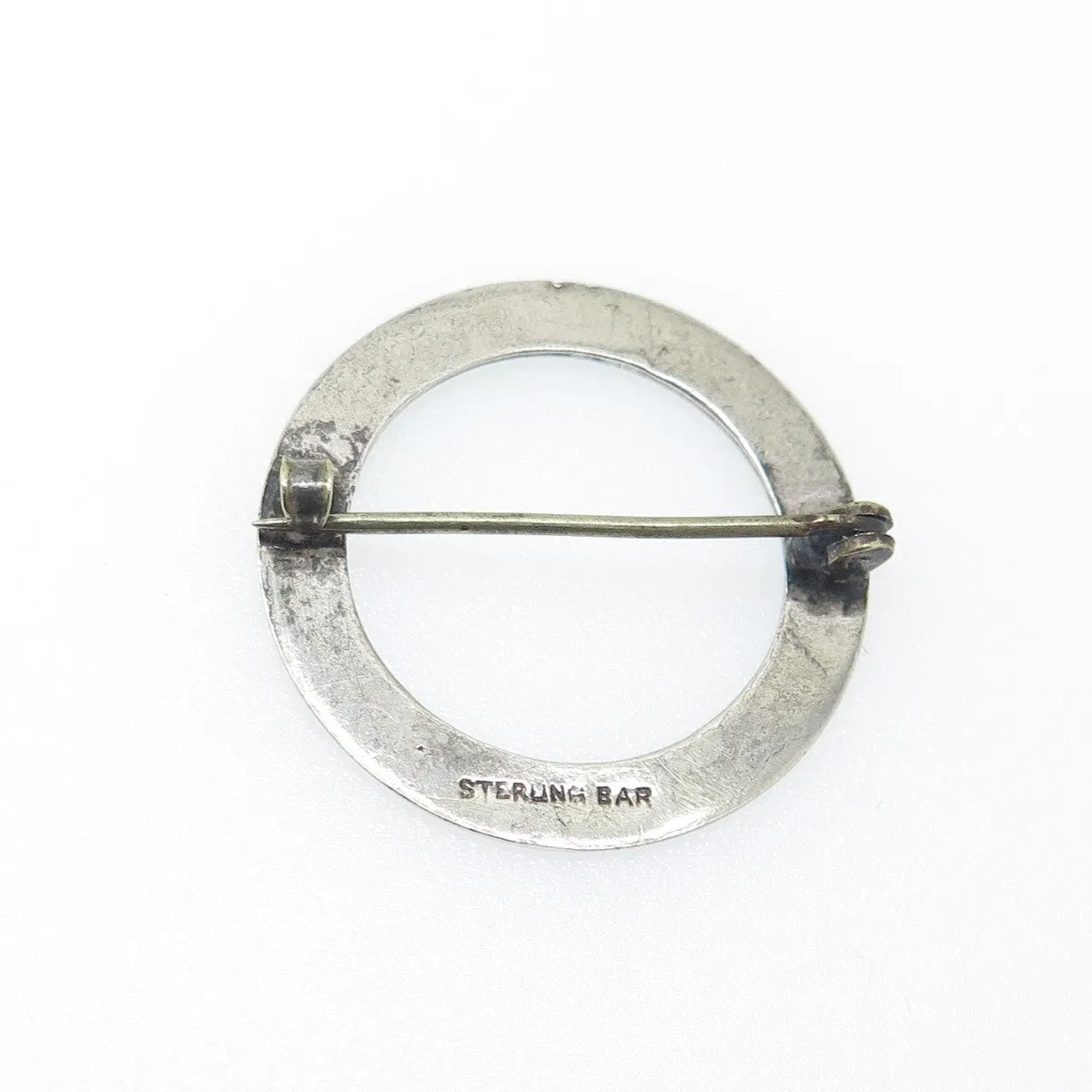 BAR 925 Sterling Silver Antique Art Deco Engraved Flower Circle Pin Brooch
