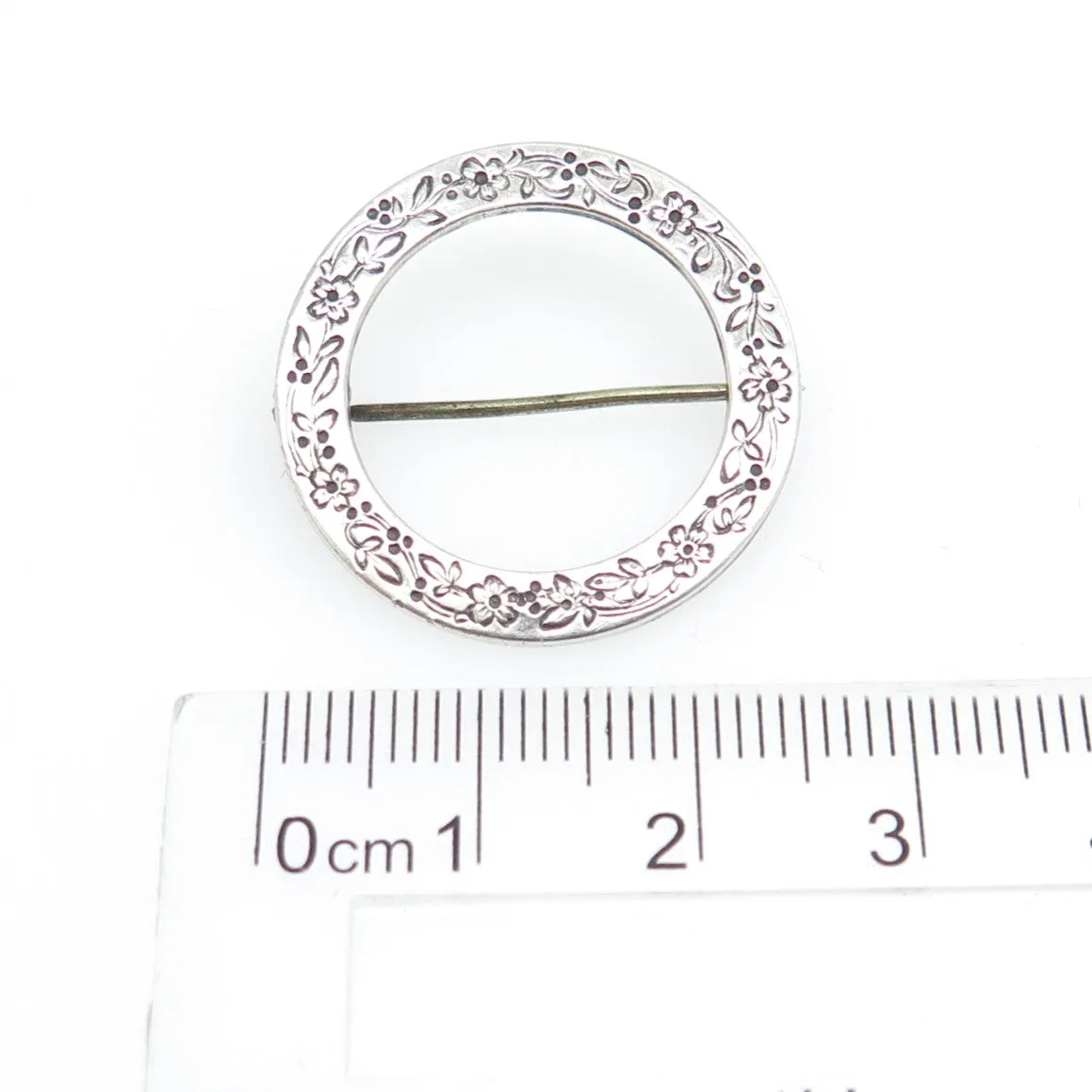 BAR 925 Sterling Silver Antique Art Deco Engraved Flower Circle Pin Brooch