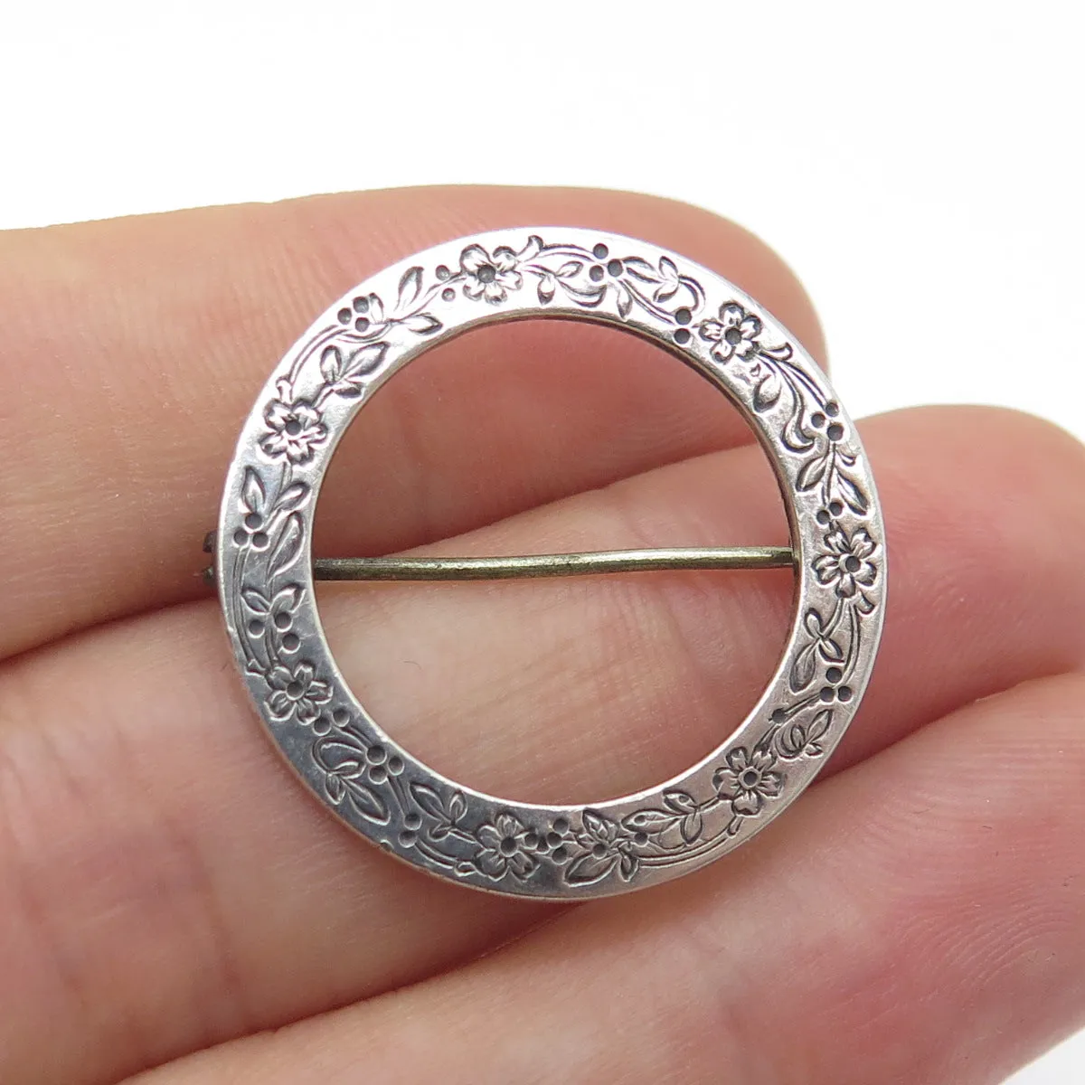 BAR 925 Sterling Silver Antique Art Deco Engraved Flower Circle Pin Brooch