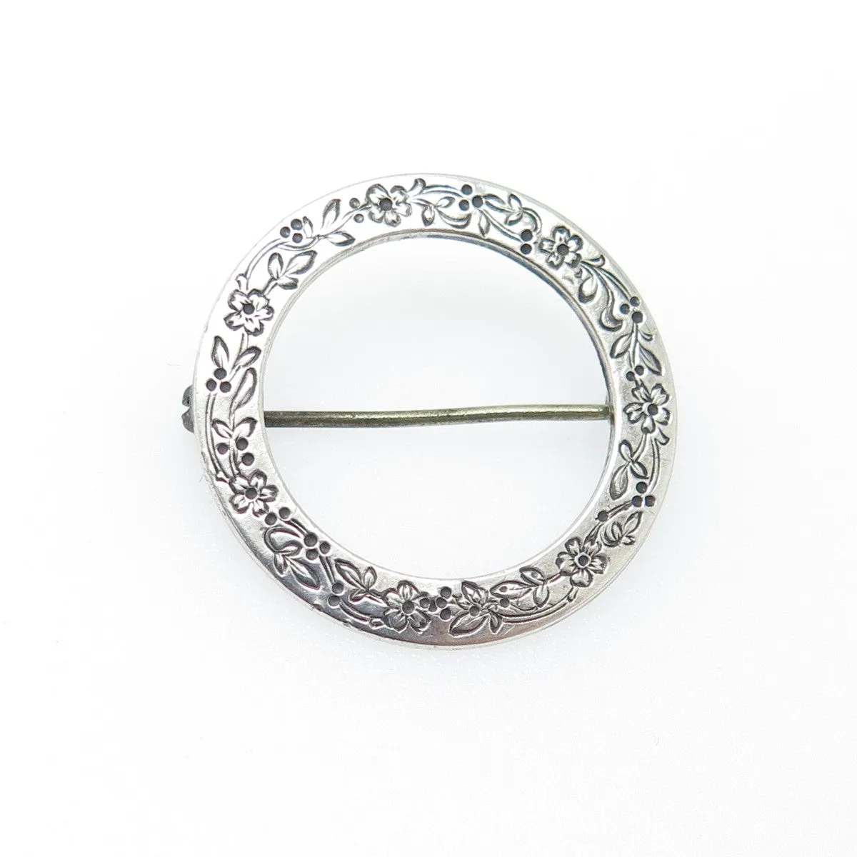 BAR 925 Sterling Silver Antique Art Deco Engraved Flower Circle Pin Brooch