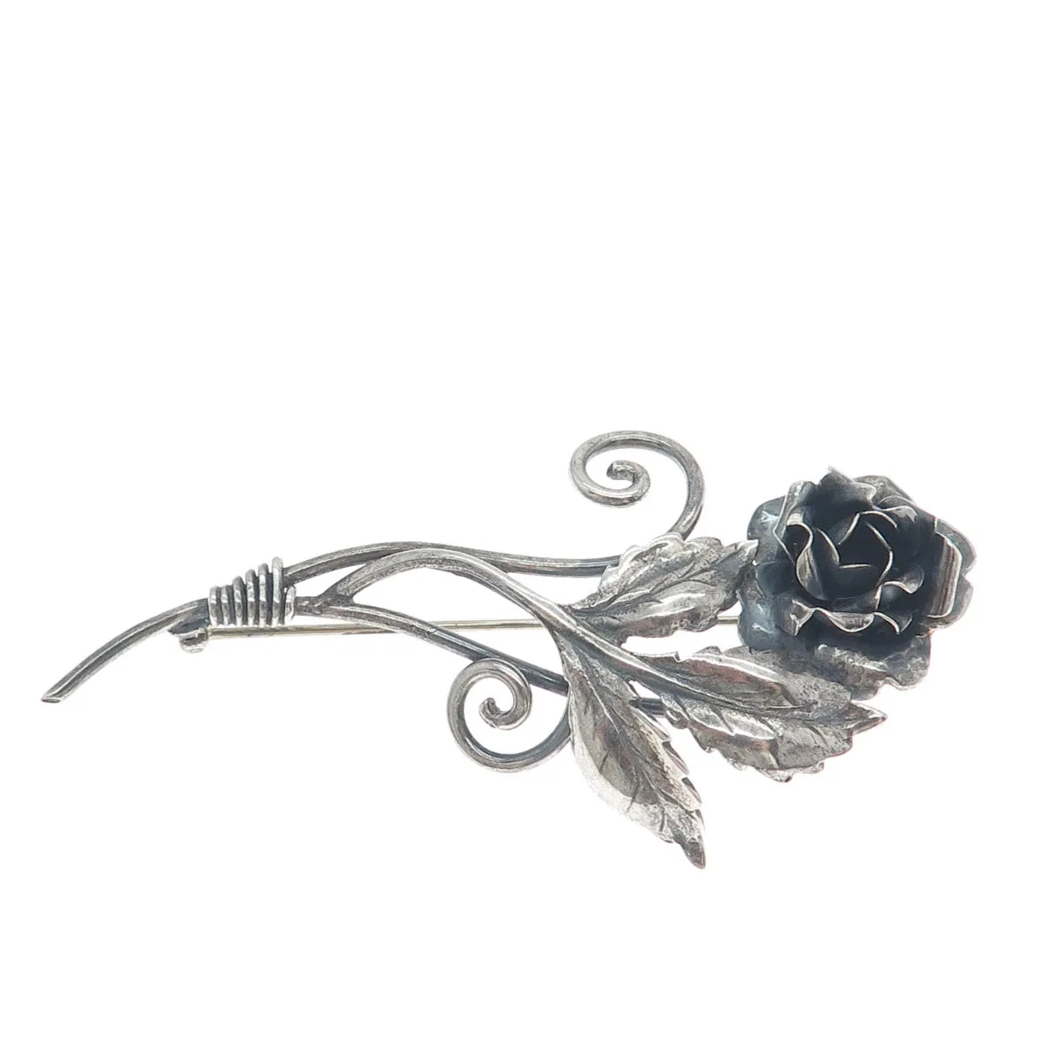 BAURING 925 Sterling Silver Antique Art Deco Rose Flower Oxidized Pin Brooch