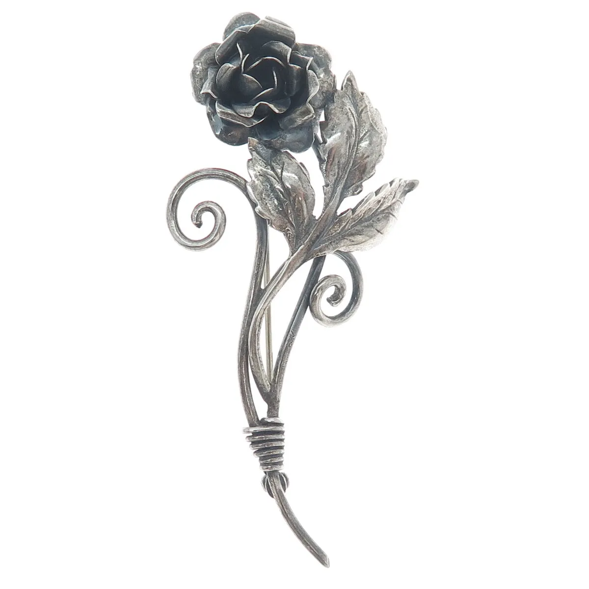 BAURING 925 Sterling Silver Antique Art Deco Rose Flower Oxidized Pin Brooch