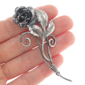 BAURING 925 Sterling Silver Antique Art Deco Rose Flower Oxidized Pin Brooch