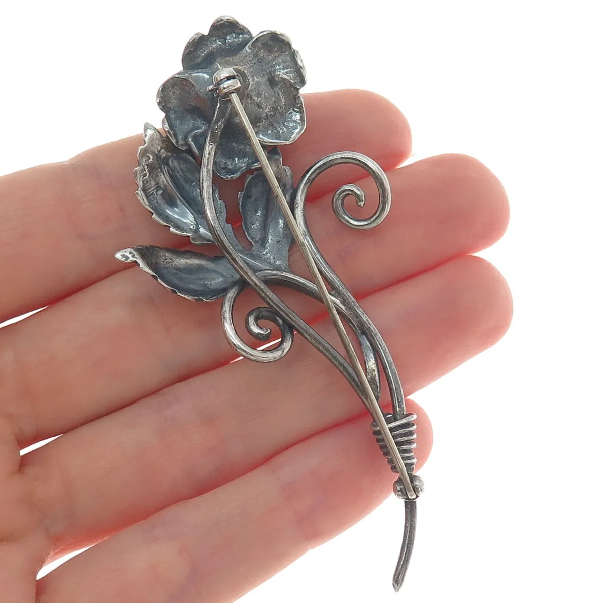 BAURING 925 Sterling Silver Antique Art Deco Rose Flower Oxidized Pin Brooch