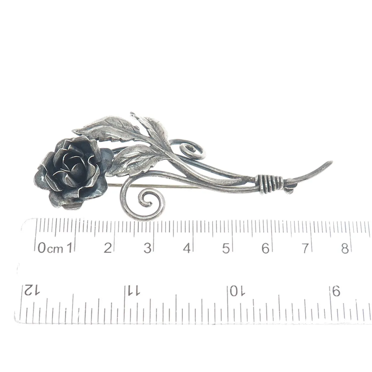 BAURING 925 Sterling Silver Antique Art Deco Rose Flower Oxidized Pin Brooch