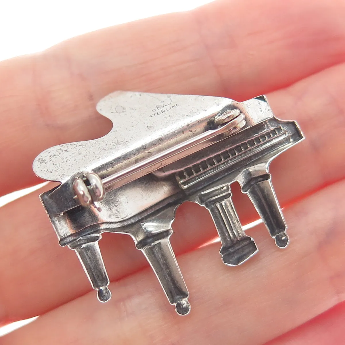 BEAU 925 Sterling Silver Vintage Grand Piano Oxidized Pin Brooch