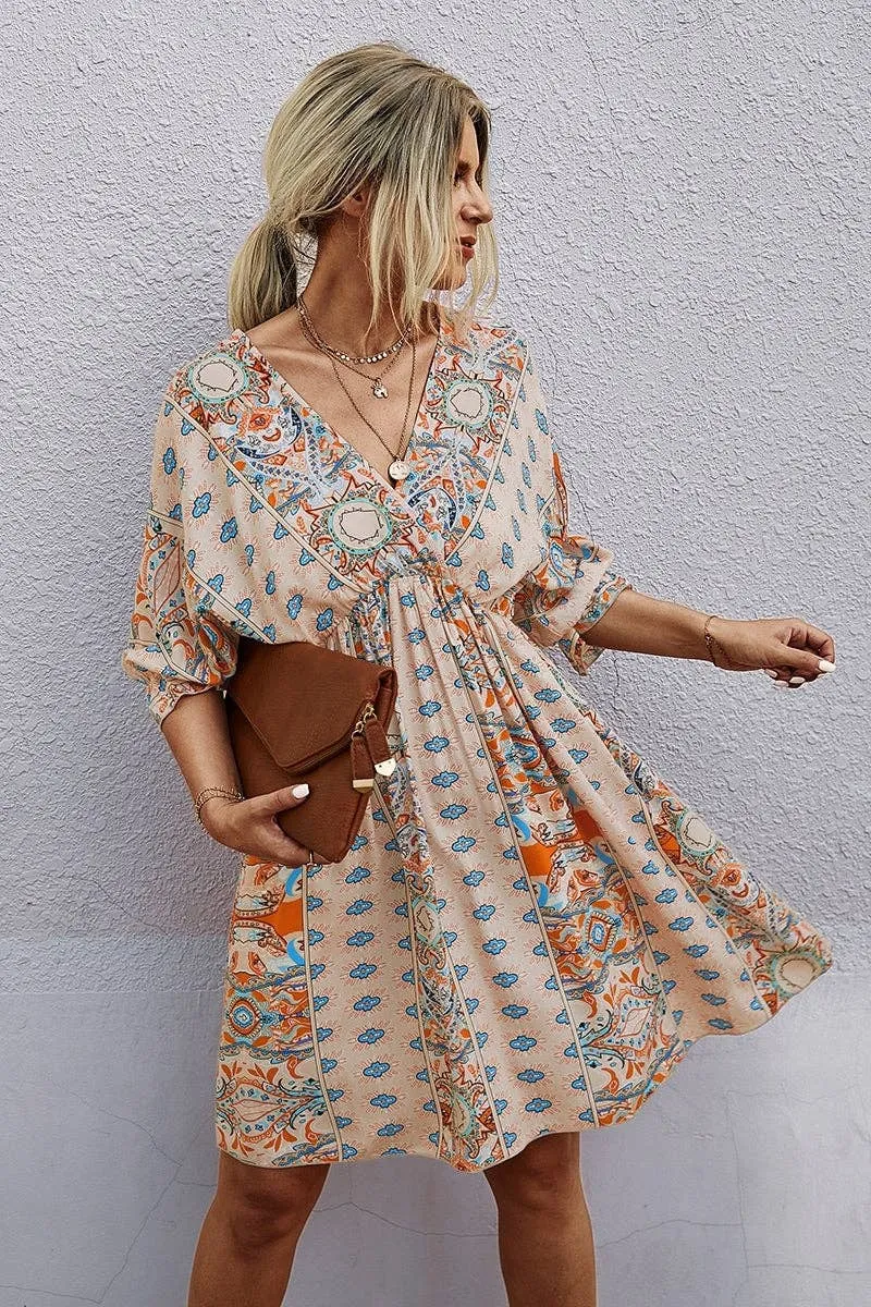 Beige Boho Print Wrap Neck Tie Back Pleated Hem Dress