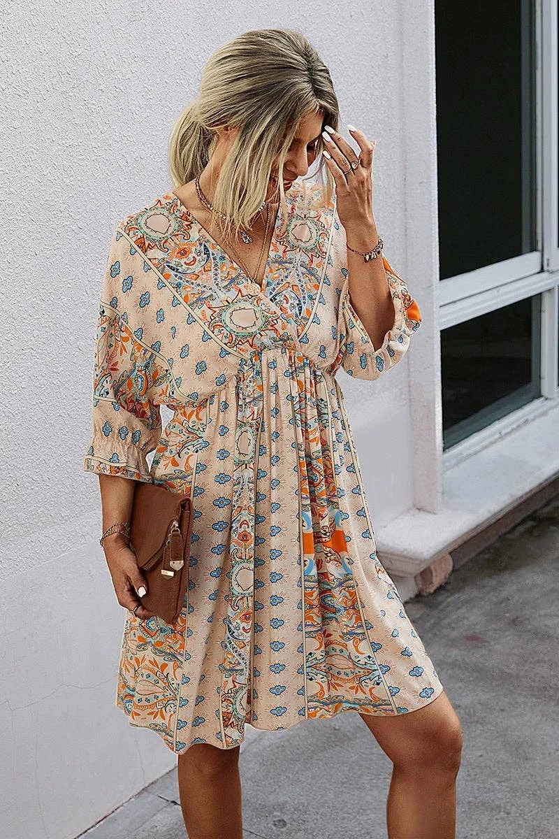 Beige Boho Print Wrap Neck Tie Back Pleated Hem Dress