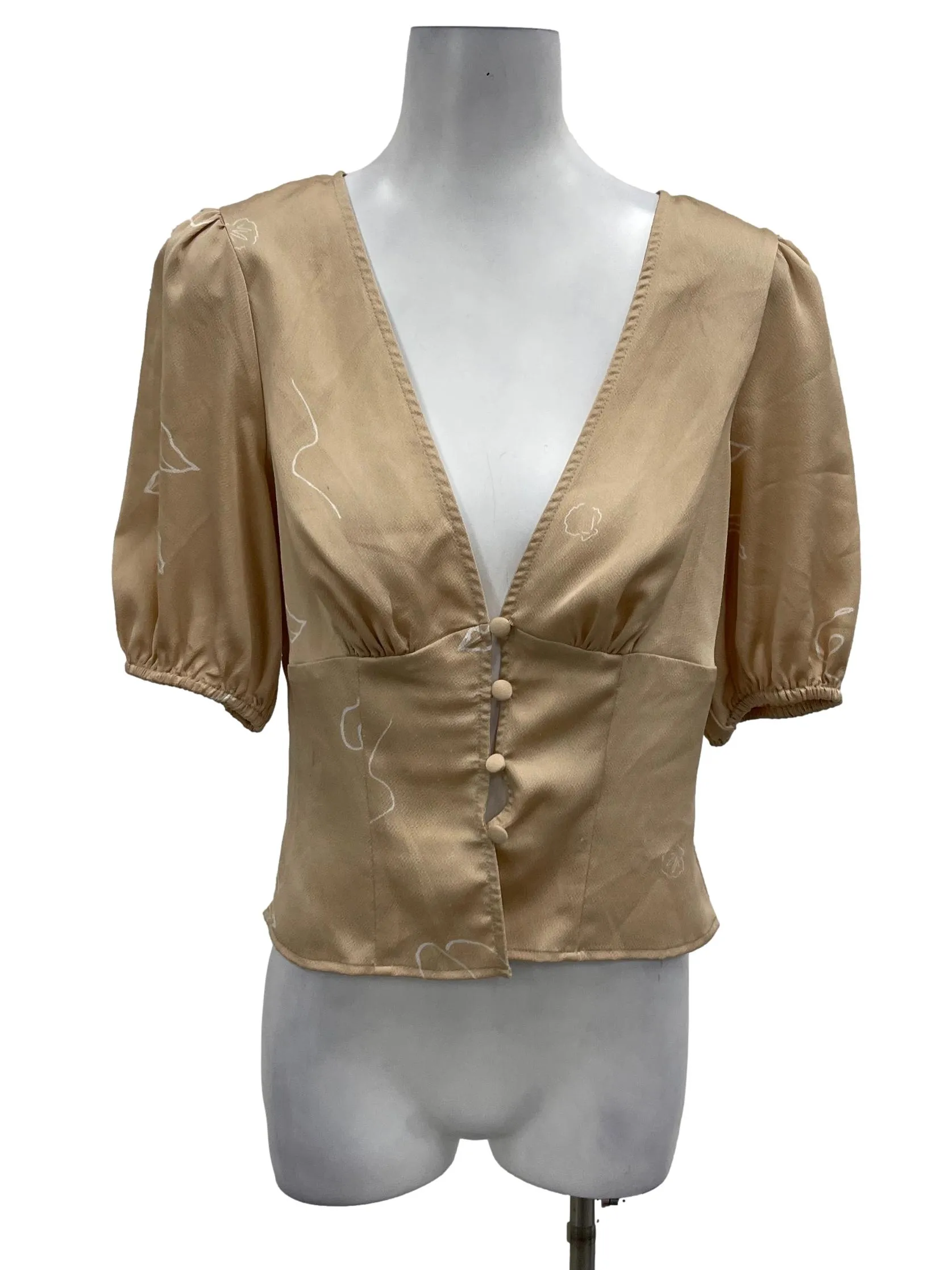 Beige V-Neck Button Down Blouse