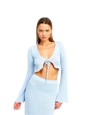 Bell Sleeve Lettuce Edge Textured Tie Top