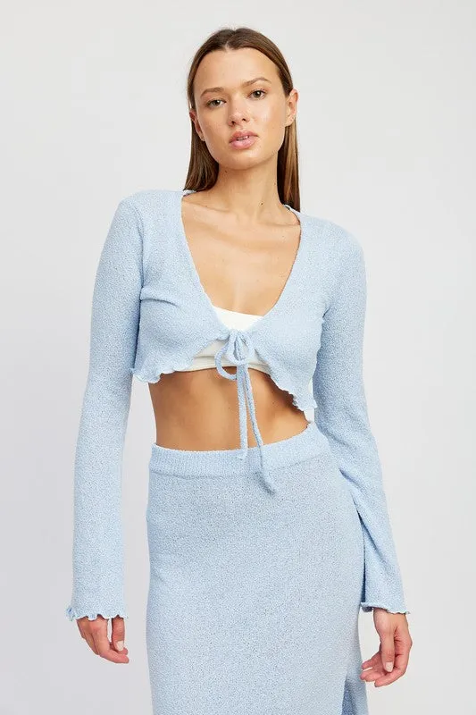 Bell Sleeve Lettuce Edge Textured Tie Top