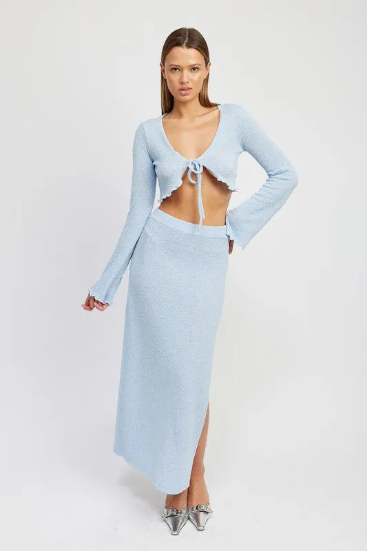 Bell Sleeve Lettuce Edge Textured Tie Top