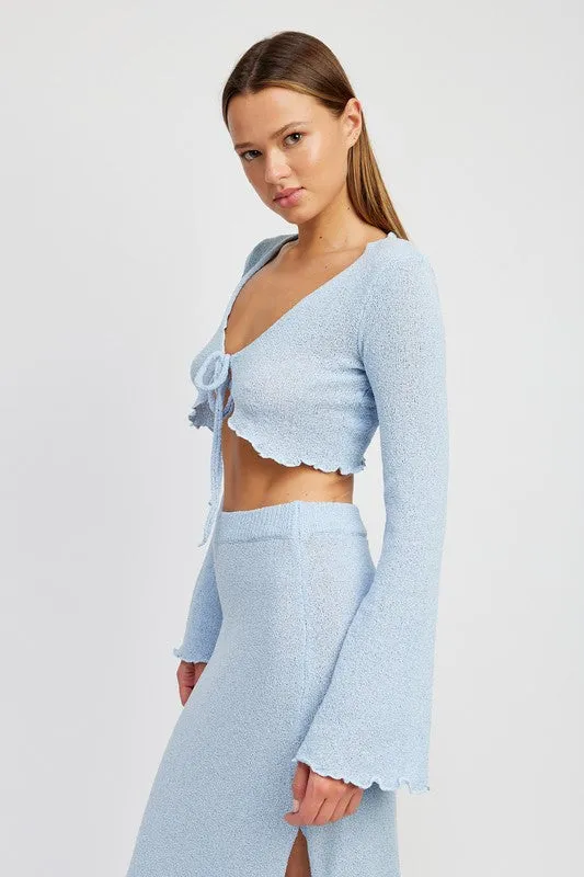 Bell Sleeve Lettuce Edge Textured Tie Top