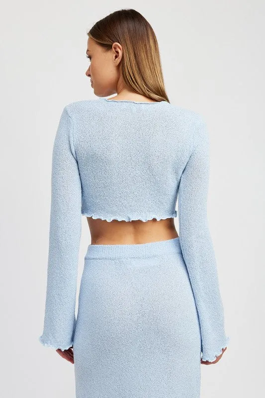 Bell Sleeve Lettuce Edge Textured Tie Top