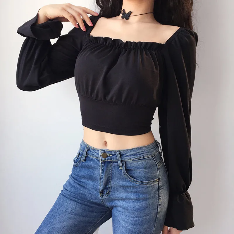 Belted Back Hollow Out Long Sleeve Square Collar Crop Tops