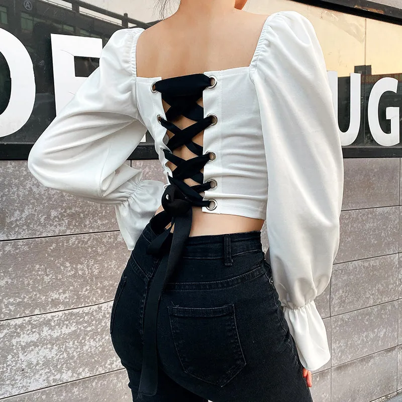 Belted Back Hollow Out Long Sleeve Square Collar Crop Tops
