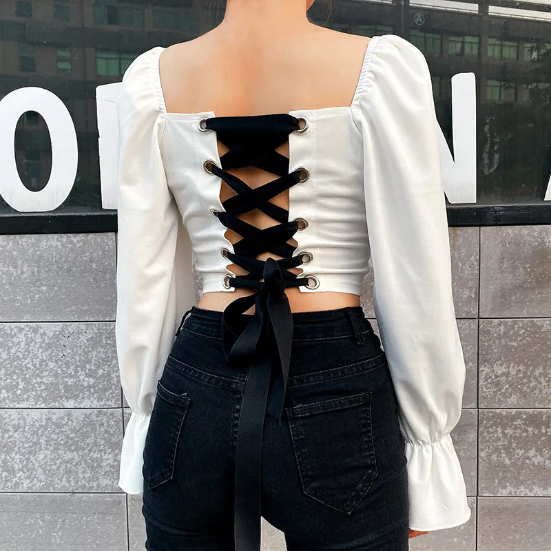 Belted Back Hollow Out Long Sleeve Square Collar Crop Tops